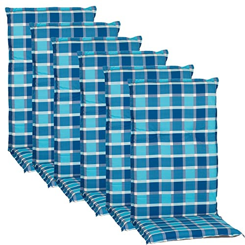 NYVI Gartenstuhl Auflagen Hochlehner 6er Set Barcelona - UV-Beständig, Atmungsaktiv, Strapazierfähig - Hochlehnerauflagen Sitzkissen Outdoor - Sitzauflagen für Gartenstühle 118x50cm Aqua Blau Karo