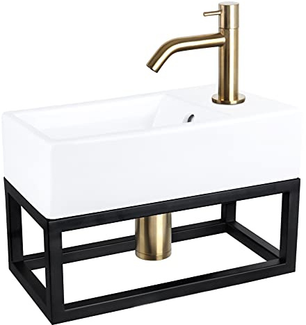 Differnz Force Waschbecken mit Handtuchhalter - Waschtisch Keramik Weiß - Geschwungene Armatur Matt Gold - Komplett-Set - 40 x 22 x 11,5 cm