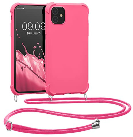 kwmobile Crossbody Case Compatible with Apple iPhone 11 Case - TPU Silicone Cover with Strap - Neon Pink