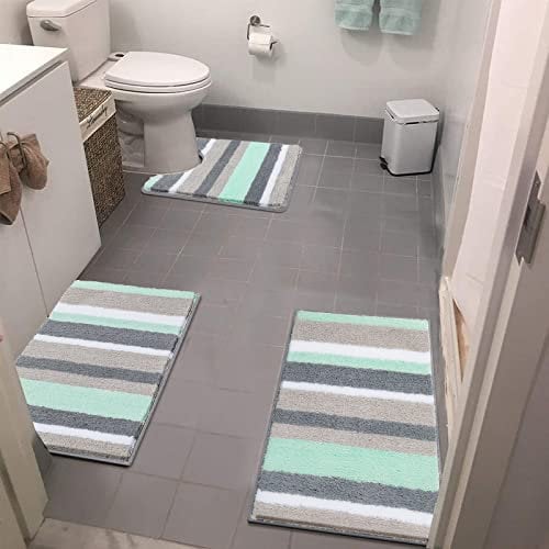 Pauwer Juego de 3 alfombrillas de baño suaves de microfibra antideslizante y absorbente de agua, lavable a máquina, alfombrilla de baño e inodoro para ducha, bañera y WC (verde)