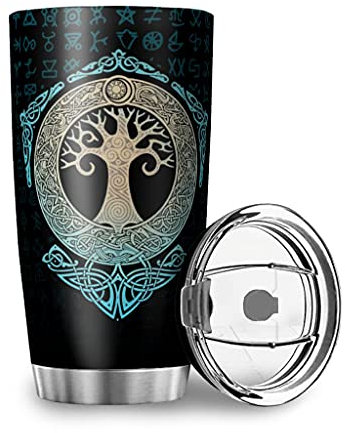 Hftlj20 Travel Mug Coffee Mug Viking Tree of Life Yggdrasil Thermal Mug Stainless Steel Rustproof Double Wall Insulation Cup with Lid Drinking Cup Car Mug White 600 ml