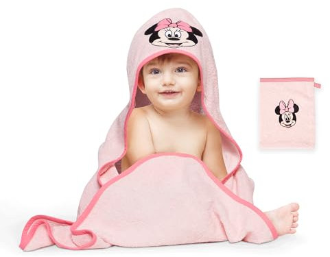 Disney Home Minnie Mouse Baby-Kapuzenhandtuch-Set bis 5 Jahre Weich & Saugfähig Oeko-Tex Zertifiziert, 2-teilig,Kapuzenhandtuch 80 x 80 cm, Waschlappen 15 x 20 cm