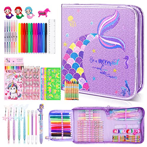 56Stück Malset Für Kinder Ab 3-12 Jahre, Malkoffer Set Mit Federmäppchen Mädchen, Kreativer Kunst Malerei Set Buntstift Für Kinder Anfänger, Weihnachten Einhorn Geschenke (Meerjungfrau)