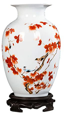 ZEALMAX Vase en céramique de style chinois, vase à fleurs décoratif pour table, étagère, salon, décoration d'intérieur, oiseaux et fleurs, blanc