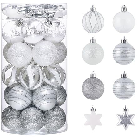 Victor's Workshop Weihnachtskugeln,35 stück 5cm Christbaumkugeln Weihnachtskugel Transparent,Weihnachtsbaumschmuck Christbaumschmuck mit Aufhänger,deko Weihnachten,Thema Silber Weiß