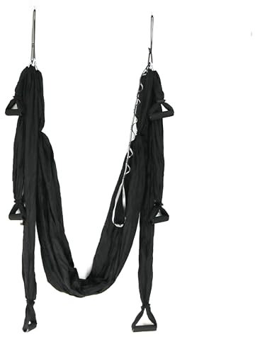 Luft-Yoga-Hängematte fliegende Schaukel Anti-Schwerkraft-Set Trapezometrische Flugzeuge Pilates mit Karabiner und Gänseblümchen-Kette, Umkehrwerkzeug für Indoor-Fitness zu Hause (Schwarz)