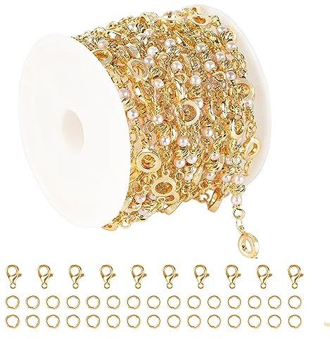 KYUNHOO Vergoldete Halskette, 3,5 m, auf Spule, Perlen, hohler Kreis, Dekoration, massives Messing, Kettenglieder mit Karabinerverschlüssen und Binderingen für Damen, Schmuck, Handwerk, DIY