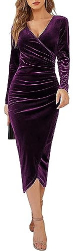 Joligiao Mujeres Cuello en V Manga Larga Vestido de Cóctel Vintage Vestido de Fiesta Largo Vestido de Fiesta de Terciopelo de Talle Alto con Pliegues Elegante Vestido de Noche Morado S