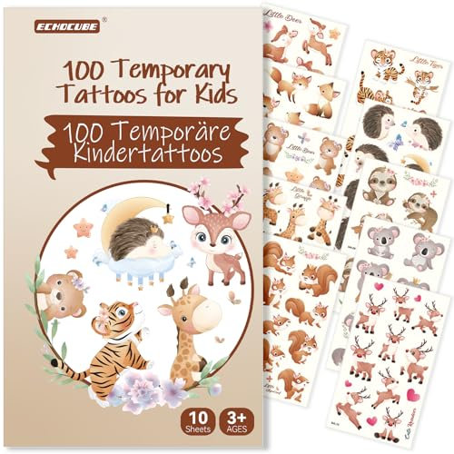 ECHOCUBE Tatouage Temporaire pour Enfant avec 100 Motifs,10 Feuilles Style Imperméable Faux Tatouage Autocollants Ensemble avec Amour Thème,Fête Sac Fillers Garçons Filles