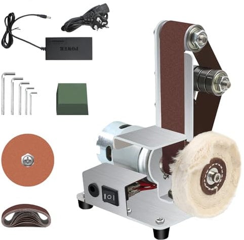 MaxAwe Mini Electric Belt Grinder Machine, 7 Speed Adjustable Bench Belt Sander, Electric Belt Sanding Polishing Machine for Turning/Plastic Polishing/Knife Edge/Wood