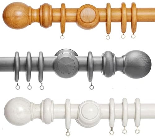 Hani Wooden Curtain Pole – 28mm Curtain Poles for Eyelet Curtains – Premium Quality Curtain Rail Set With Finials, Rings and Brackets for Windows Door (Beechwood, 240cm)