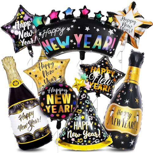 9 Stück Silvester 2025 Folienballon, Luftballons Neujahr mit Champagner Stern, XXL Happy New Year Ballons, Silvester Deko 2025, Schwarz Gold Silvesterparty 2025 Deko, Neujahr Helium Ballons