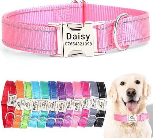 SEOUGEE Personalised Dog Collar with Engraved Metal Buckle, Reflective Nylon Collars for Small Medium Large Dogs with Custom Name Plate Phone Number (Pink, L:Neck 40-60cm,Width 2.5cm)