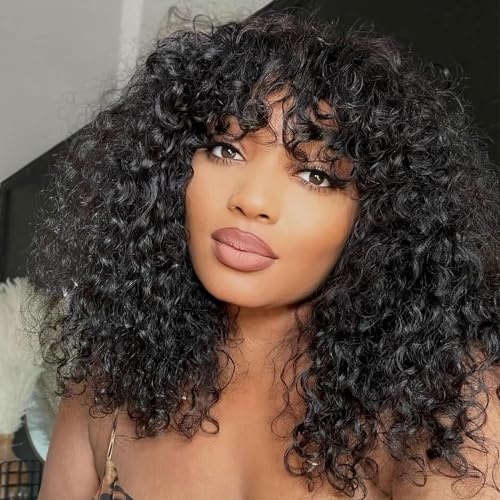 Human Hair Wig Echthaar Perücke Mit Pony Curly Bob Perücken Echthaar Brasilianische Virgin Echthaar No Lace Front Perücken Für Frauen Glueless Wig Kinky-Curly 14 Inch Short Bob Wigs For Women