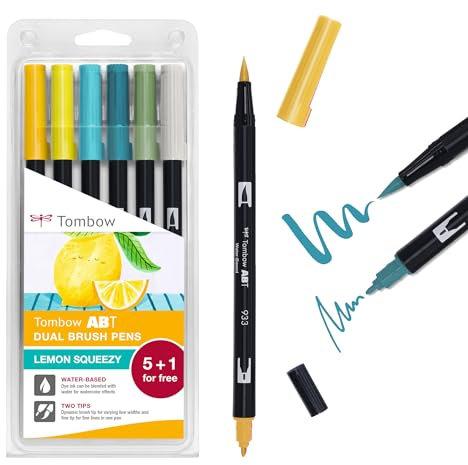 Tombow ABT Dual Brush Pen 5+1, Lemon Squeezy, Stift mit zwei Spitzen, perfekt fürs Hand-Lettering und Bullet Journal, wasservermalbar, 6er Set [ABT-6P-LEMON]