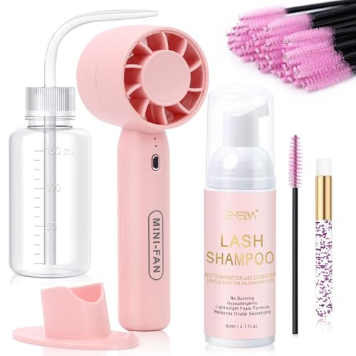 EMEDA Lash Shampoo Kit 2.02 Fl.oz Lash Cleaning Kit with Fan (Pink)