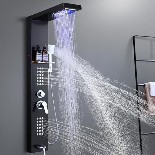 OUGOO LED Duschpaneel mit Armatur und Ablage, 5 Funktions Duschpaneele Komplettset mit Regendusche, Wasserfall, Handbrause, Massagedüsen, und Badewanneneinlauf, Duschpaneel aus Edelstahl Schwarz