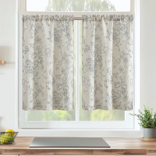 Vangao Blumen Scheibengardinen Kurz Küchengardinen Leinen Vorhang Bistrogardine für Küche Wohnzimmer Badezimmer Kleine Fenster landhausstil Halbtransparent,2er Set 65Bx90H(cm),Schwarz auf Beige