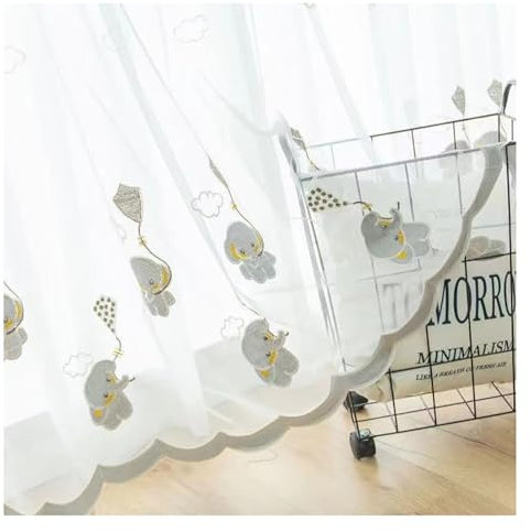 PSKJHN 2 Stück Cartoons Elefant Muster Voile Vorhang Kinderzimmer Tier Transparent Gardinen, Mit Ösen/Haken Für Kinderzimmer Wohnzimmer Schlafzimmer, W135xL244cm,Hook up