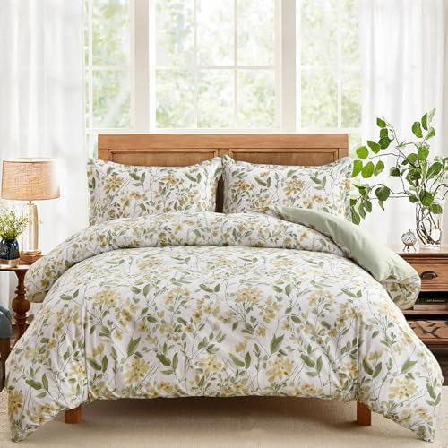 DJY Floral Duvet Cover King Green Bedding Set, Reversible Lightweight Leaves Bedding Sets 3PCS with Zipper Closure (King, 220x230cm)