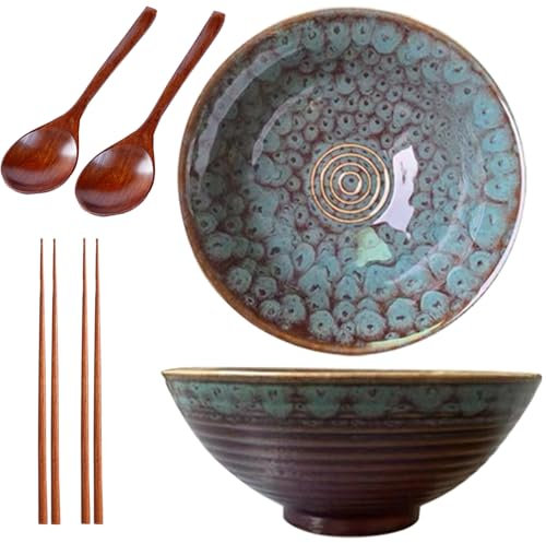 Sightday Ramen Bowl Set of 2 (1200ml) - Ceramic Bowls With Spoons and Chopsticks for Pasta, Soup, Salad, Cereal, Snacks - Large Brown Bowls