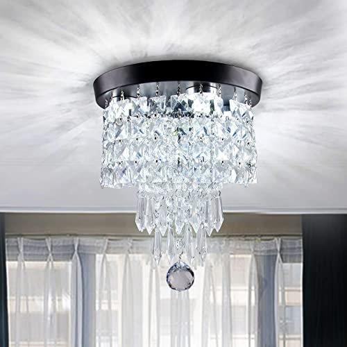 CXGLEAMING Modern Crystal Chandelier LED Flush Mount Ceiling Light Fixture Raindrop Pendant Lamp Shade Mini Chandellier for Dining Room Living Room Bedroom Closet Bathroom E14 Base