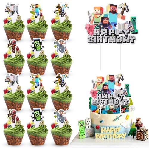 Dncvb 49pcs Miner Game Cake Topper, Pixel Cake Decorations Game Cupcake Toppers Game Themed Cake Toppers for Pixel Video Game Party Decorations Supplies