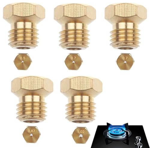 Paquete de 5 Inyectores Cocina Gas Butano,Kit de Quemadores Cocina Gas Repuestos Estufas de Gas Butano Boquilla de Gas para Estufa de Gas con Quemador de Propano 1x0.5, 2x0.7, 1x0.87, 1x1.02