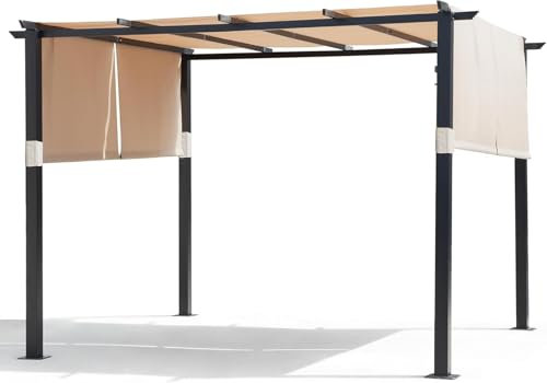 Gazebo, bigzzia Metal Pergola with Retractable Roof,Outdoor Pergola Features Water-resistant and SPF 15 with PU Coated Canopy, Sun Shade for Barbecue Event,Garden and Lawn Party (Off-white, 10*10 Ft)