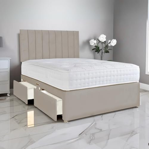 amu 5FT King Size Divan Bed with 2 Drawers | 24 Headboard, Plush Velvet King Size Bed Frame | king size bed without mattress (Pebble, 5FT King No Mattress)