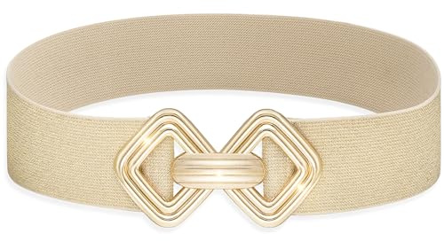 MESU Women Wide Stretchy Belts Waist Elastic Waistband for Dresses Beige Band Gold Buckle 65CM