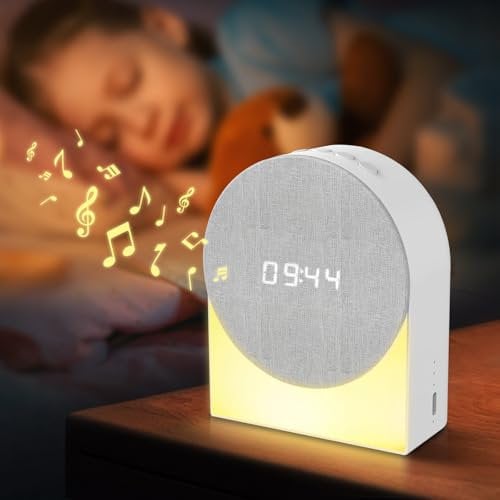 Gemmac 4 en 1 Réveil Numérique + Bruit Blanc + Haut-Parleur Bluetooth + Veilleuse Bébé, Enceinte Bluetooth Reveil Lampe de Cheve Rechargeable Dimmabl, Reveil Enfant Veilleuse Adulte, Cadeaux Bebe