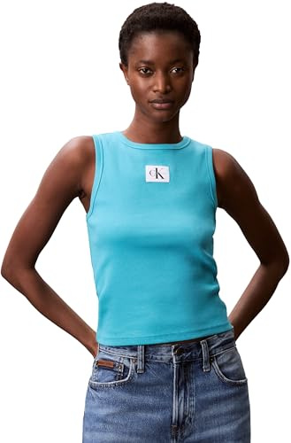 Calvin Klein Damen Tank Top Woven Label Cotton Rib mit Logo, Türkis (Tuscan Teal), M