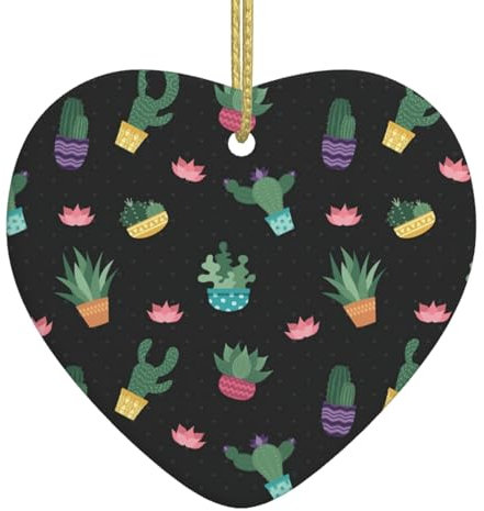 Cactus.. Árbol de Navidad colgante de cerámica para decoración de árbol de Navidad, colgante en forma de corazón con cuerda dorada