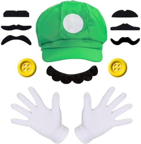 iZoeL Mario und Lui gi Kostüm Accessories Mütze Hut Handschuhe Bart gelbe Knöpfe Faschingkostüme für Fasching Karneval Halloween Cosplay Mottoparty Kostüm für Kinder Damen Herren