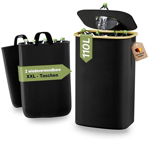 heimora 110L Pfandflaschen Sammelbehälter mit Deckel & 2 XXL Beuteln – Robuster Behälter für Leere Flaschen, Altglas & Recycling – Für Küche, Garage, Büro & Vorratsraum