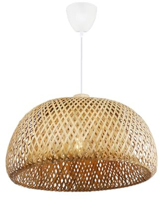 Alpinaluz Lámpara Colgante de Mimbre Natural ø380mm Pantalla Doble Capa en Forma de Hemisfera, Portalámpara de Madera, Cable Blanco Ajustable, para Techo, Salón, Comedor, Dormitorio
