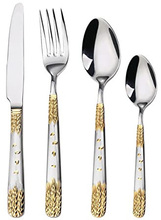 CVNIMV Couverts Argent-Or pour 12 Personnes, Ensemble de 60 pièces, Couteaux, fourchettes, cuillères, Service de Table Elegant Life, Couverts lavables au Lave-Vaisselle (Service de Banque