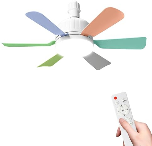 Kouamor 46cm Ceiling Fan Light Bulb Bayonet Fitting, Ceilings Fans with Light & Remote Control, Ceiling Fans Lights Dimmable, E27/B22 Ceilings Lamp with 6 Blade, 3 Speed Timing (E27-colorful)