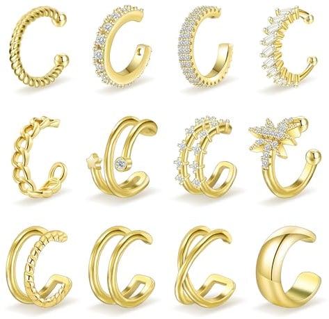 Nelytiya 12Pcs Ear Cuff Gold für Damen 18K Vergoldet Ohrmanschette Ohrringe Fake Helix Piercing Earcuffs Set