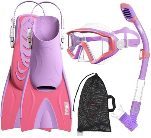 Aegend Snorkeling Gear Set for Kids - Anti-Fog Diving Mask, Adjustable Fins & Dry Snorkel, Full Snorkel Kit for Youth Swimming & Diving (Ages 5-15) (Purple, XS)