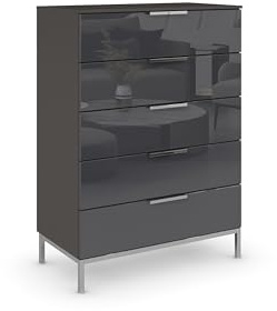 Rauch Möbel Flipp, Kommode, Farbe Glas Basalt/Graphit, Breite 80 cm | Sideboard, 5 Schubladen, Soft-Close, Griffe, Metallkufe Chrom, für Schlafzimmer, Gästezimmer, Wohnzimmer