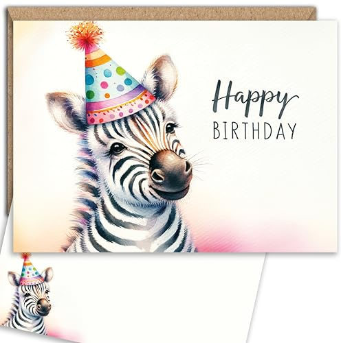 E&G Klasse Tier Aqaurell Geburtstagskarte Glückwunschkarte Postkarte mit Kraftpapier Umschlag Süßen Tieren mit Happy Birthday bedruckt (Zebra)