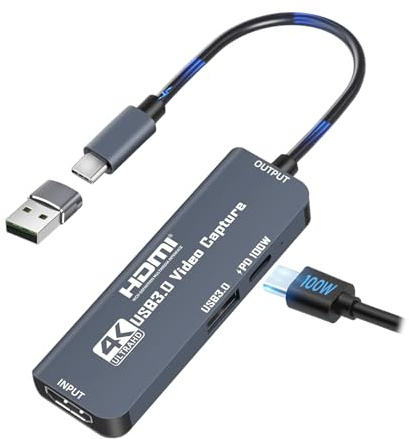 Scheda di acquisizione video, scheda di acquisizione HDMI a USB-C/A con PD100W e porta USB, registrazione di gioco in streaming 4K 1080P per registratore video di gioco,compatibile Switch,PS4/5,X box