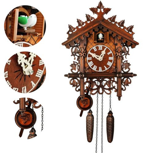 YUZINO Kuckucksuhr Handgefertigte Kuckucksuhr aus Holz mit funktionierenden Vogel Wanduhr mit Lautstärkeregler Traditionelle Antik Quarz Wanduhr Wohnzimmer Küche Cafe Büro Dekoration (RC-01)