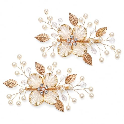 Caelura Haarschmuck Hochzeit Gold, 2 Stück Haarspange Braut | Brautschmuck Haare mit Blumen, Perlen und Strass, Haarclips für Brautjungfer, Vintage Hochzeit, Feier, Fotoshooting