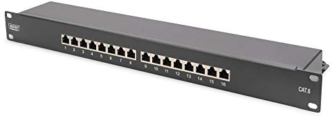 DIGITUS Patchpanel - 19-Zoll - Cat-6 - 16-Port RJ45 - Geschirmt - LSA Patch-Feld - Rack-Montage 1HE - Schwarz