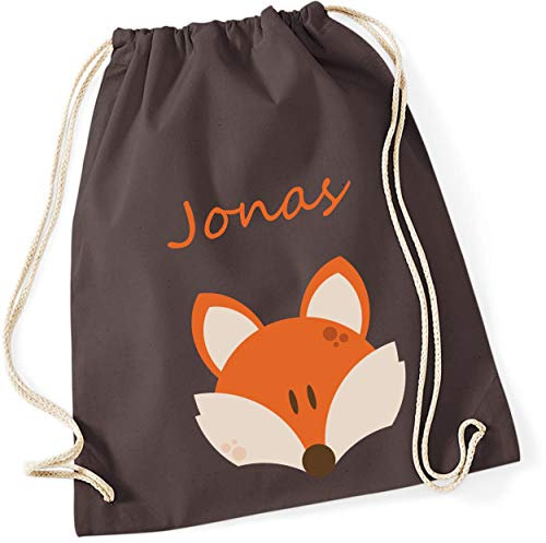 Turnbeutel mit Namen personalisiert & Bedruckt | Motiv Fuchs | Stoffbeutel Schuhbeutel Sportbeutel für Kinder Jungen & Mädchen | inkl. NAMENSDRUCK | blau orange Navy (braun)