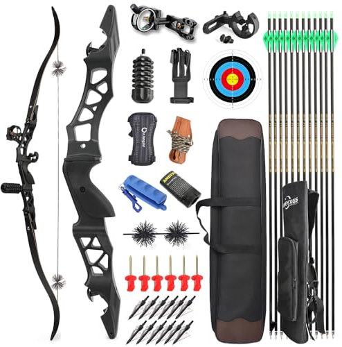 MILAEM 64 Zoll Bogenschießen Takedown Recurve Bogen 30-50 lb Sportbogen Metall Bogen Griff Langbogen Jagdbogen Targeting Praxis Rechts händer (Schwarz + Zubehör, 45lb)