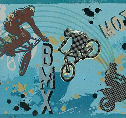 Dundee Deco BD6294 Tapeten Bordüre, vorgeklebt, Sport-Blau, Grün, Gelb, Motorräder, Extremsport-Wandbordüre, Tapetenbordüre Retro-Design, 4,57 m x 20,3 cm